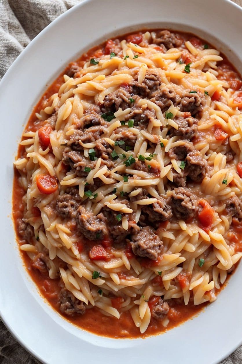 Ground Beef Orzo with Tomato Cream Recipe
