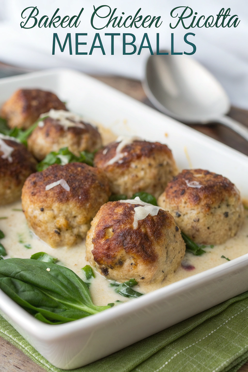Baked Chicken Ricotta Meatballs Recipe with Spinach Alfredo Sauce