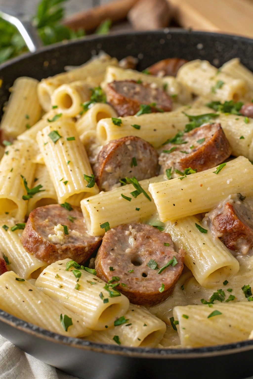 Garlic Sausage Alfredo Rigatoni Recipe