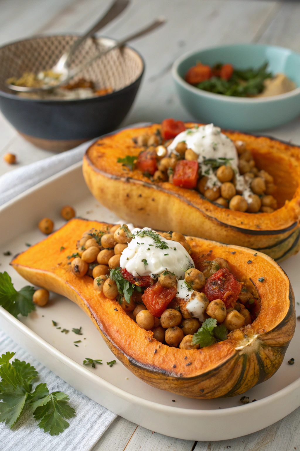 Whole Roasted Squash With Tomato-Ginger Chickpeas