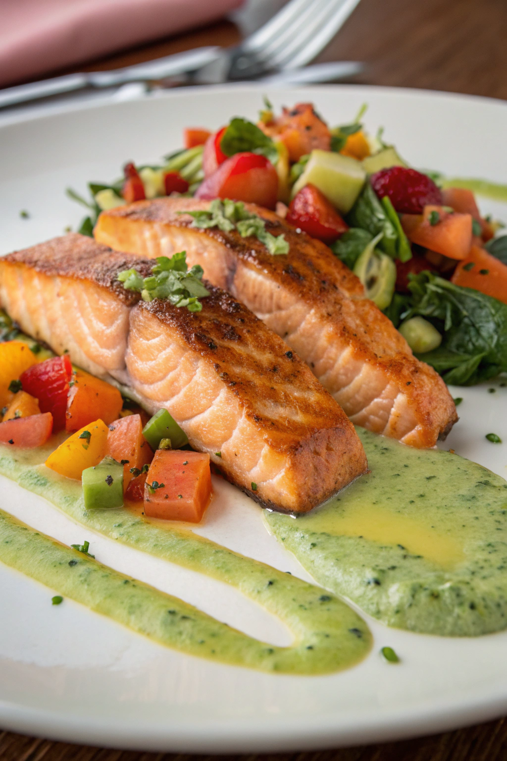 Green Goddess Salmon with Peach Salad