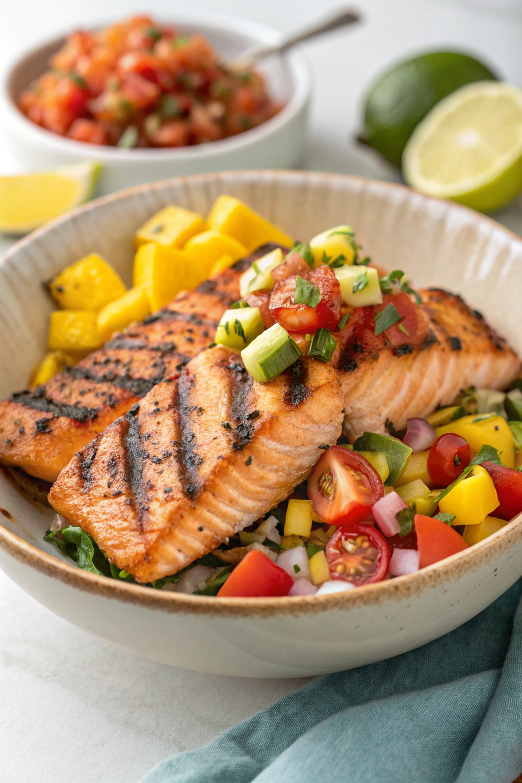 Grilled Salmon with Mango Salsa and Coconut Rice