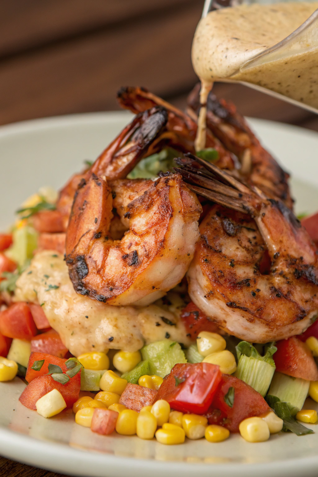 Grilled Shrimp Bowl with Avocado, Corn Salsa & Creamy Garlic Sauce