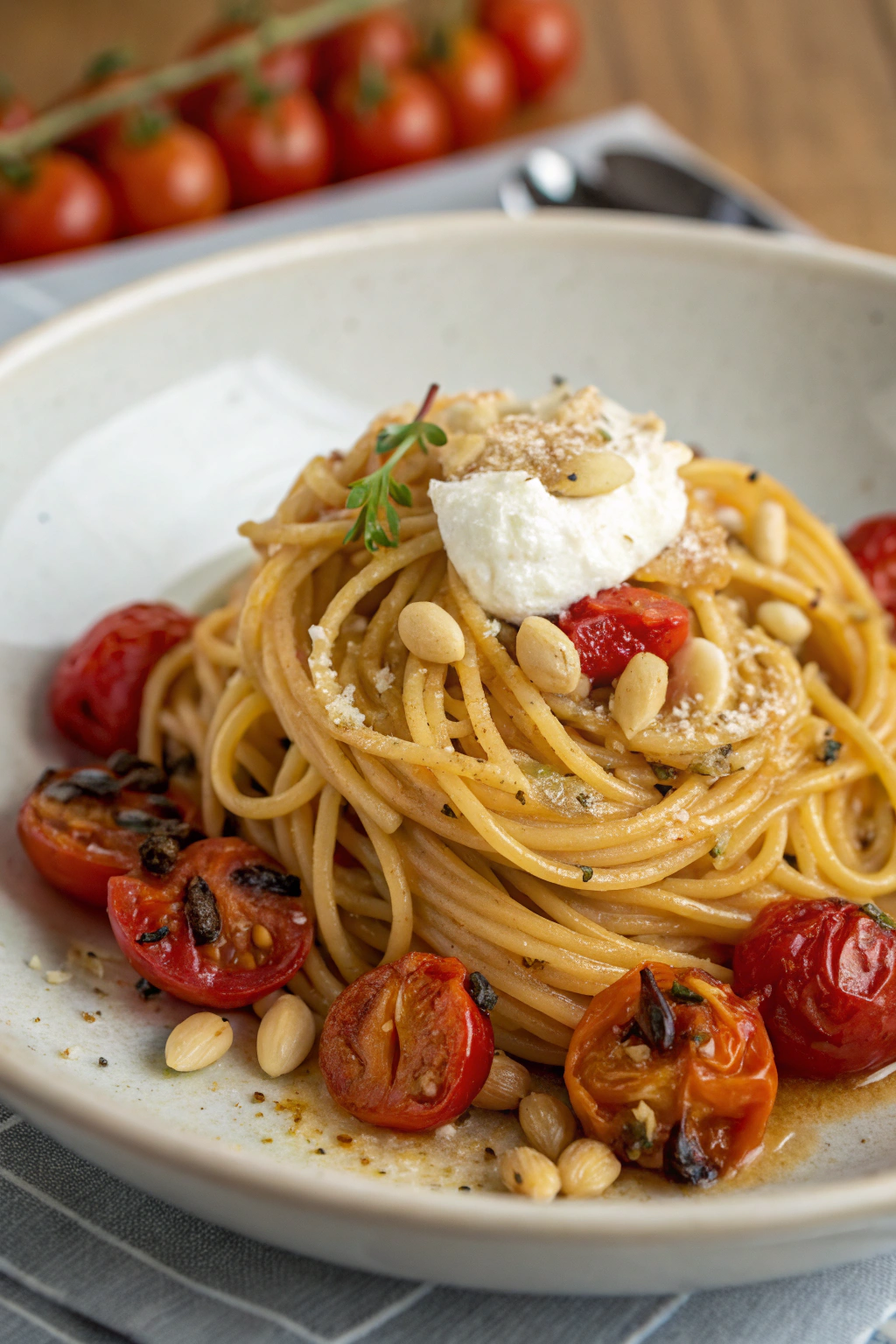 Lemon Butter Garlic Chicken Pasta with Roasted Cherry Tomatoes and Burrata Cheese