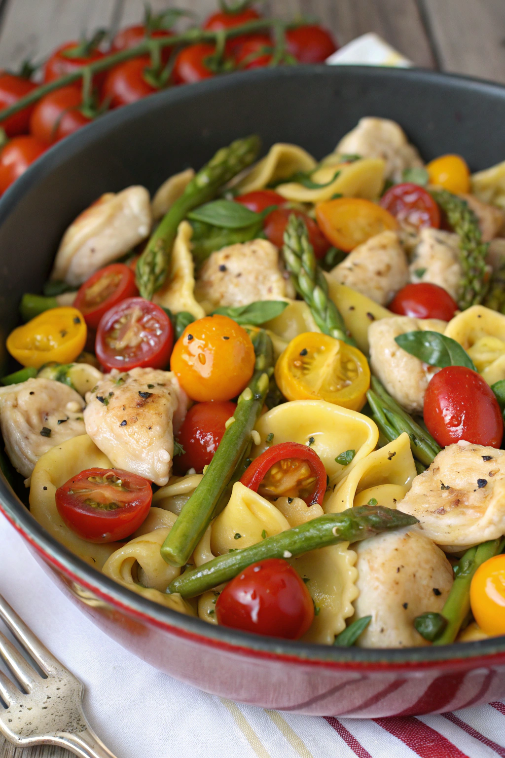 One-Pan Pesto Chicken Tortellini and Veggies Asparagus Tomatoes