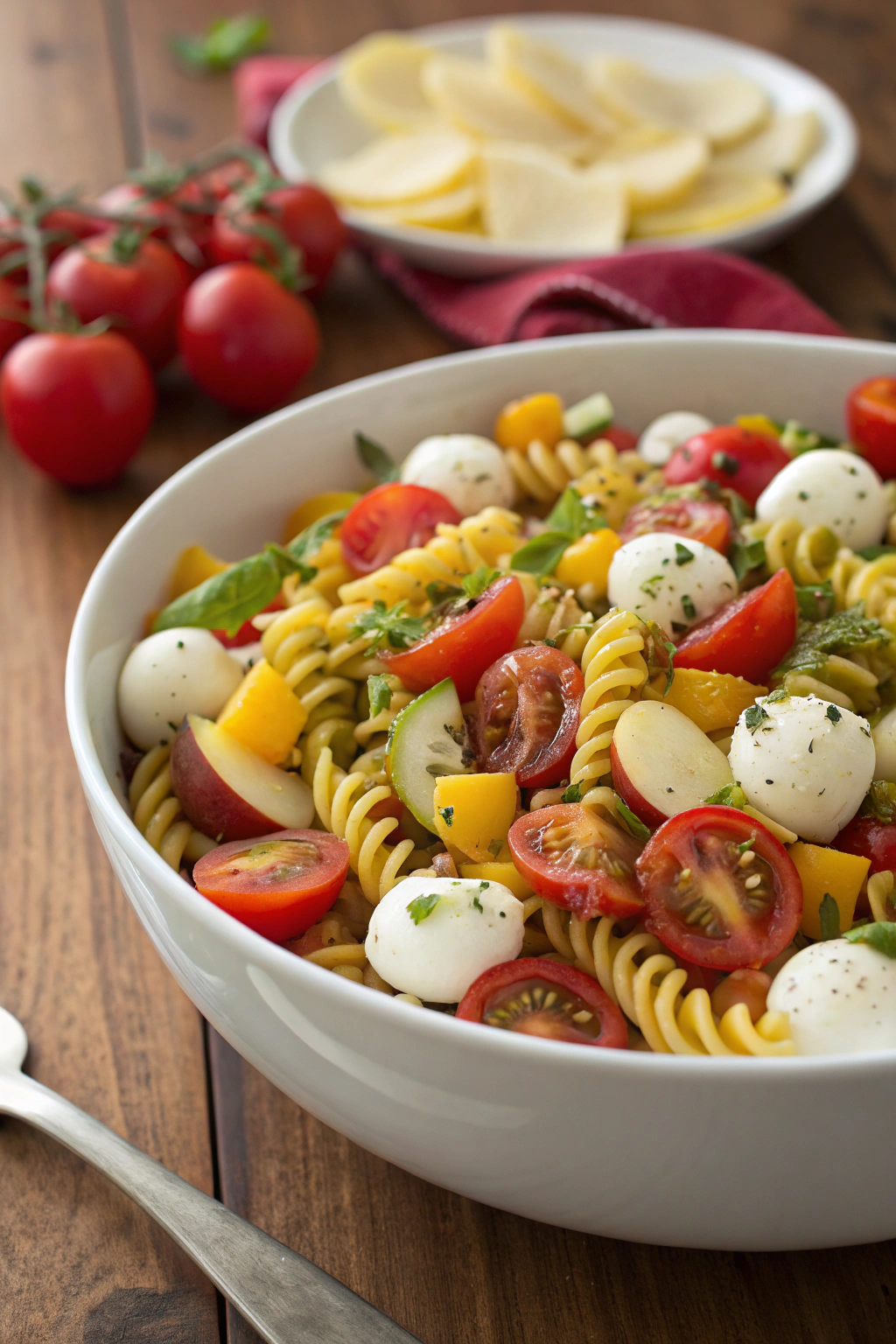 Summer Pasta Salad with Peaches Spinach Tomatoes and Mozzarella Cheese
