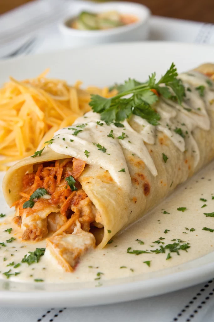 Baked Chicken Burritos with Cheesy Green Chili Sauce