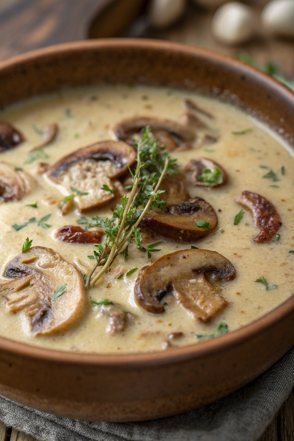 Creamy Wild Rice Chicken Soup with Roasted Mushrooms.