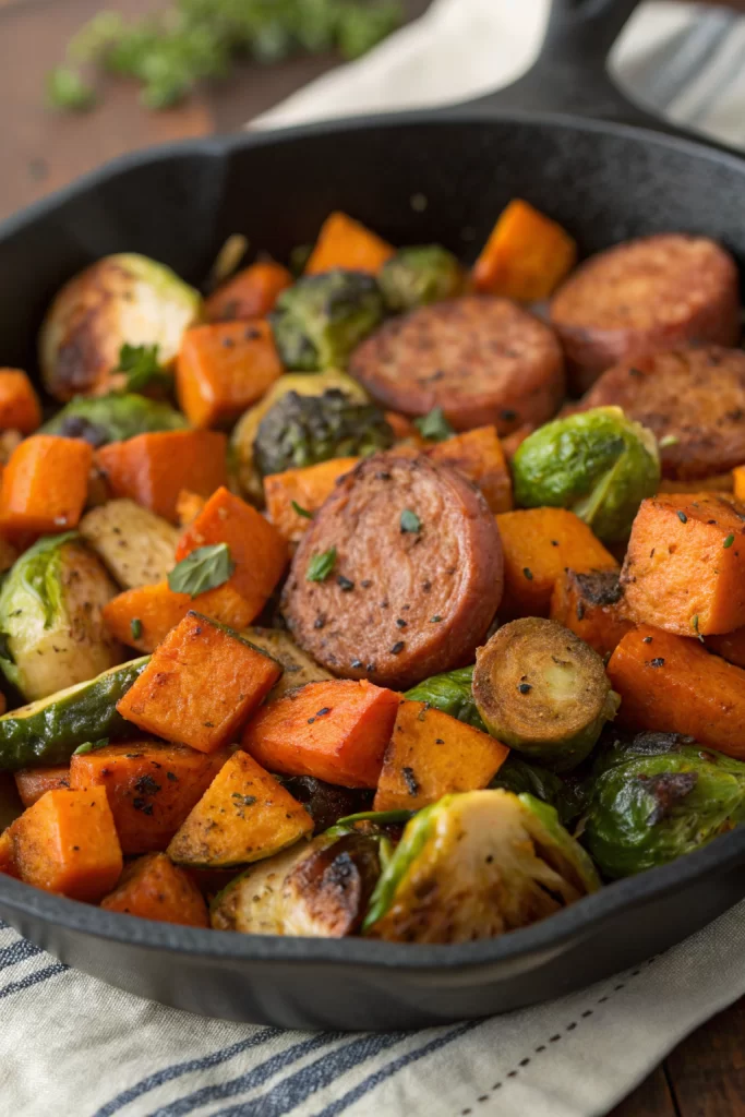 Sausage Veggies Skillet with Butternut Squash and Brussels Sprouts.