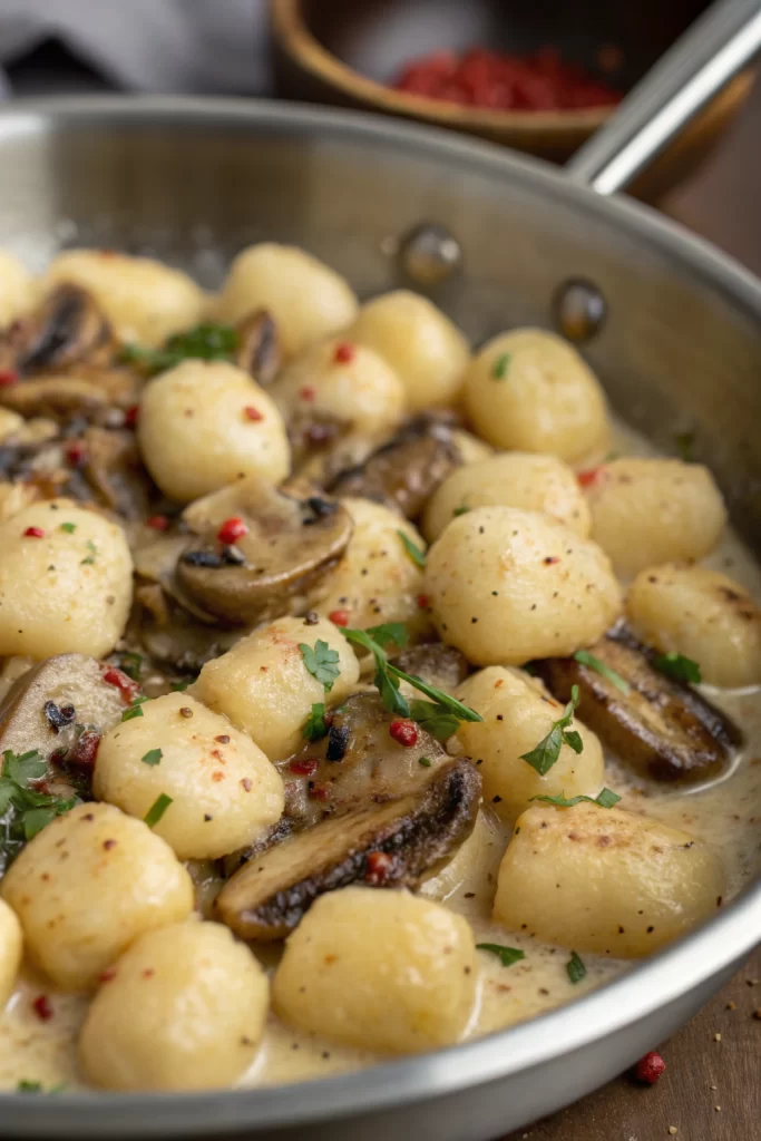 Spinach Mushroom Gnocchi with Garlic and Smoked Paprika Cream Sauce.