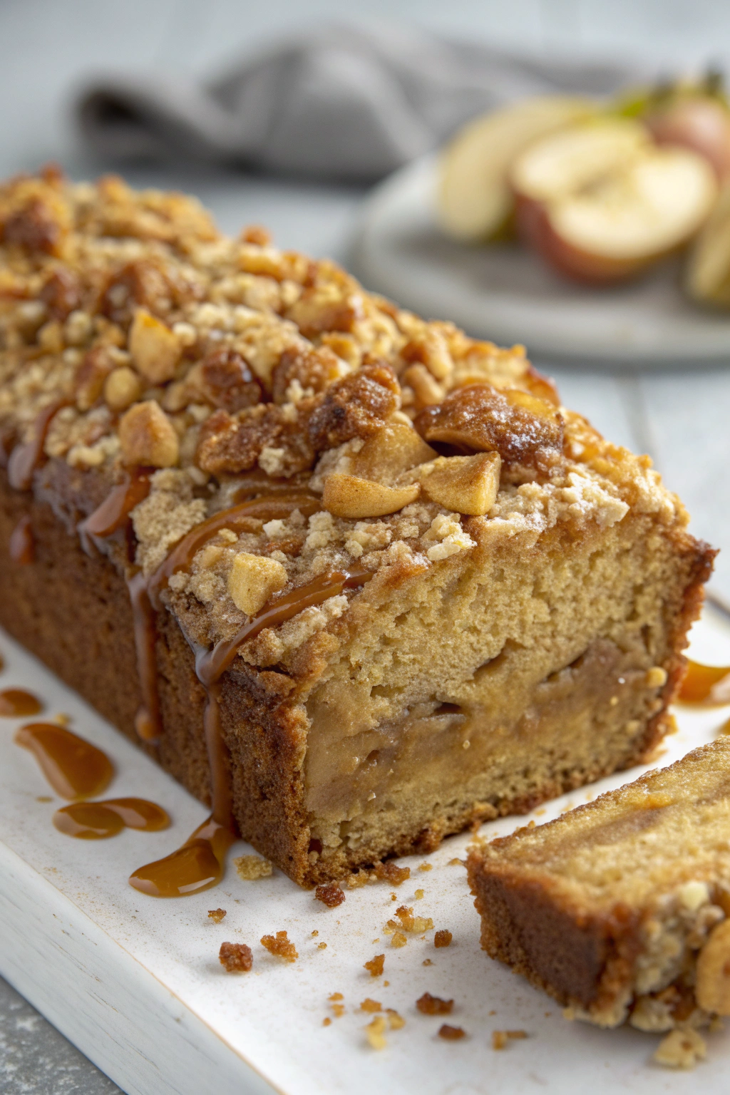 Apple Crumble Loaf Cake with Caramel Drizzle