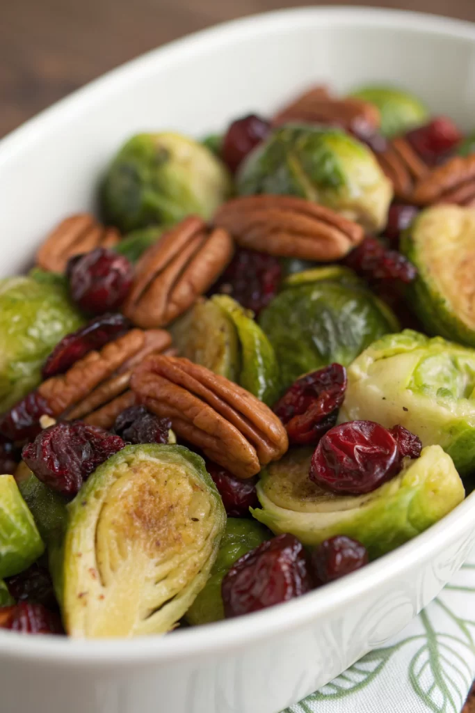 Brussels sprouts with Pecans Cranberries and Balsamic Glaze