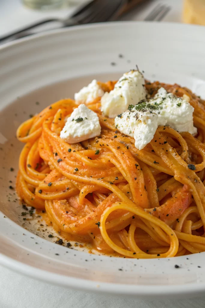 Creamy Red Pepper Pasta with Burrata and Herbs
