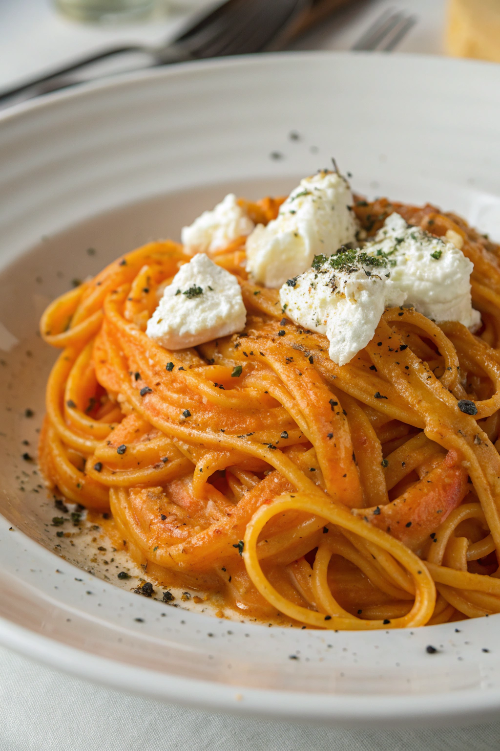 Creamy Red Pepper Pasta with Burrata and Herbs