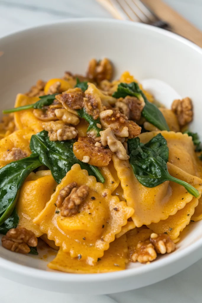 Pumpkin Pasta with Toasted Walnuts and Spinach