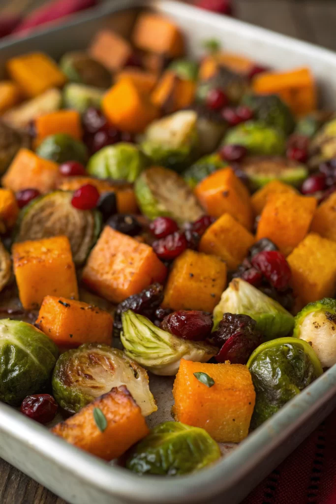 Roasted Butternut Squash Brussels sprouts with Pecans and Cranberries