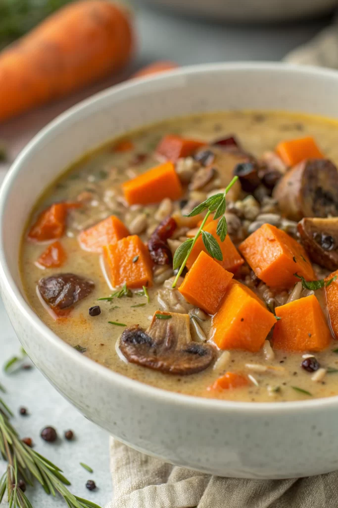 Easy Cozy Wild Rice Soup with Sweet Potato and Kale