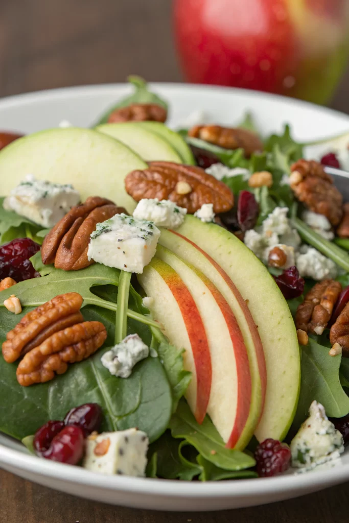 Apple Spinach Salad with Pecans Cranberries Goat Cheese and homemade Maple-Lime Mustard Dressing