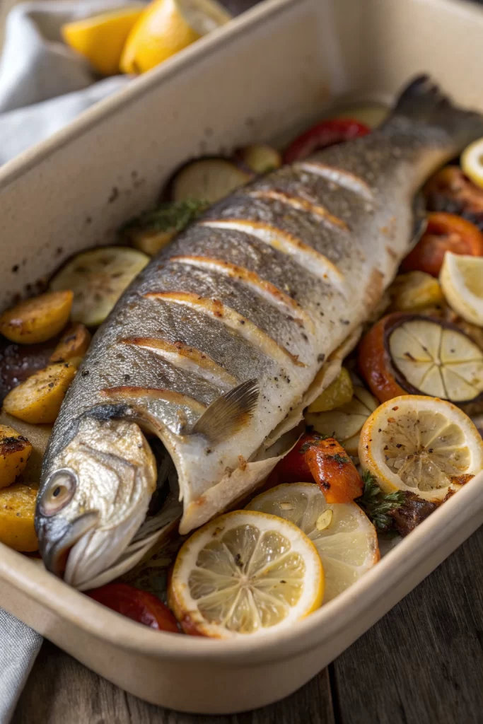 Oven Baked Mediterranean Branzino with potatoes and veggies