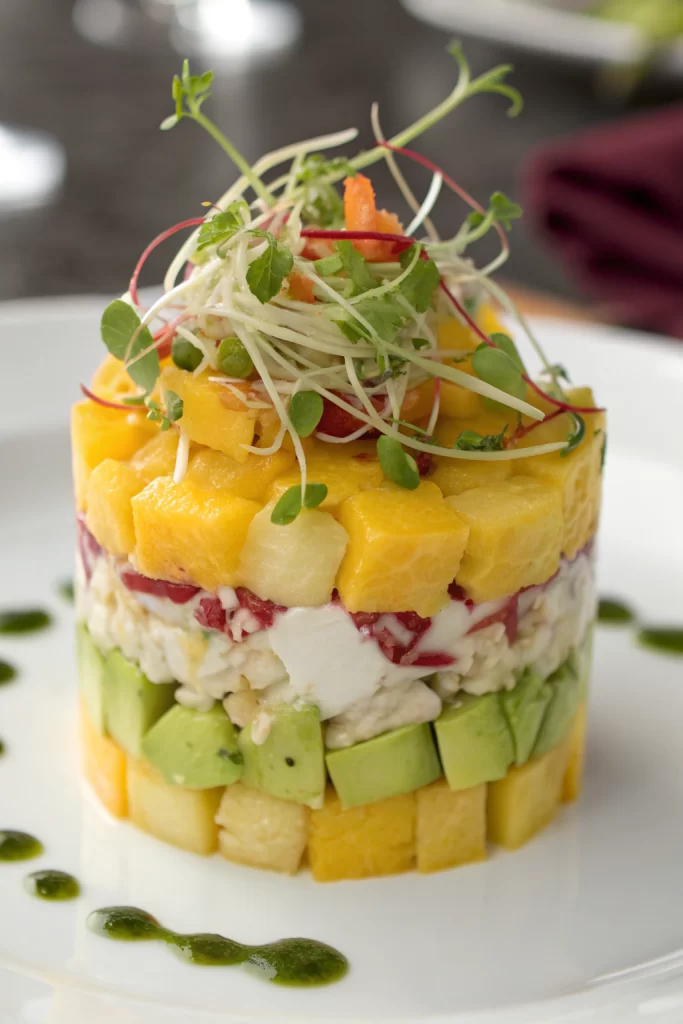 Crab Avocado Towers with Mango Lime-Cilantro Vinaigrette