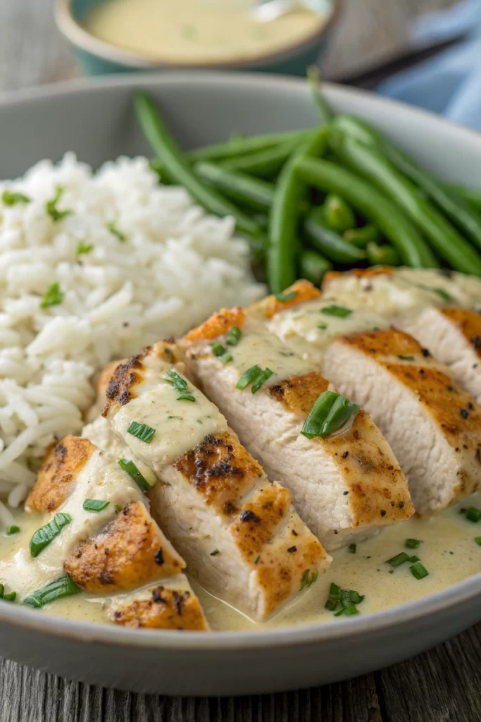 Creamy Herb Chicken with Green Beans Steamed Rice