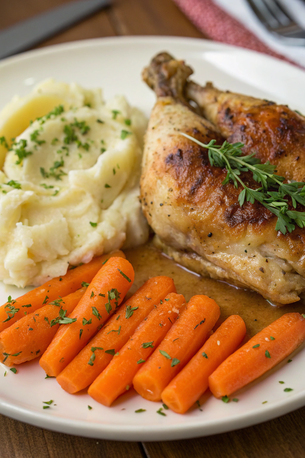 Creamy Herb Chicken with Mashed Potatoes Glazed Carrots
