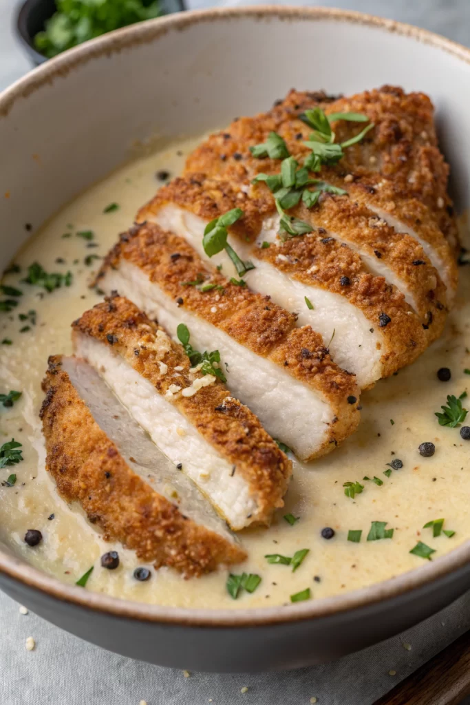 Crispy Parmesan Chicken with a Rich Garlic Sauce