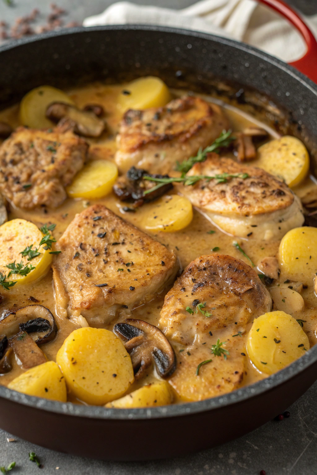 Herb Roasted Chicken in Creamy White Sauce with Mushroom and Potatoes