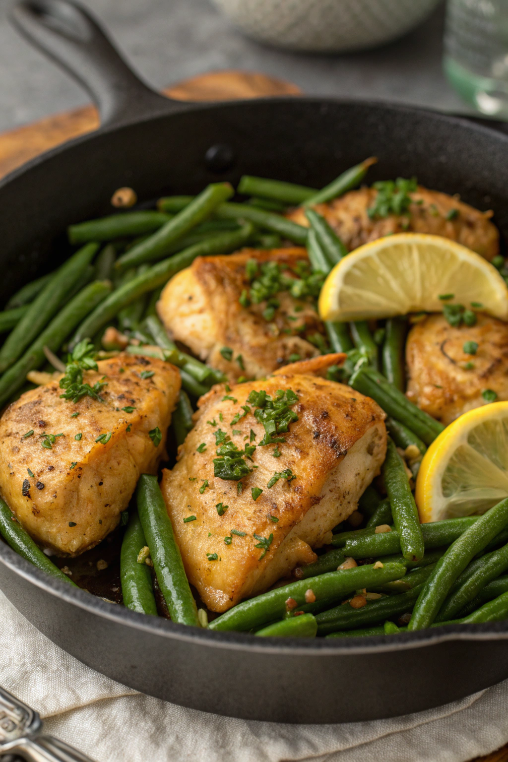 Lemon Garlic Butter Chicken Thighs with Green Beans Skille