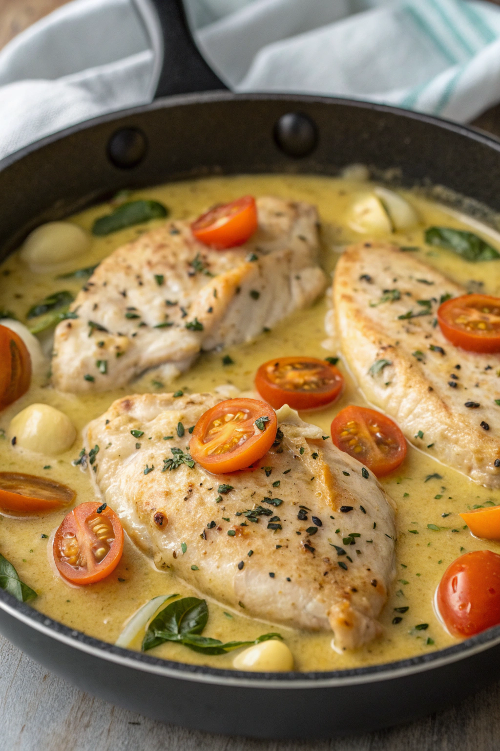Creamy Pesto Chicken with Roasted Tomatoes Spinach