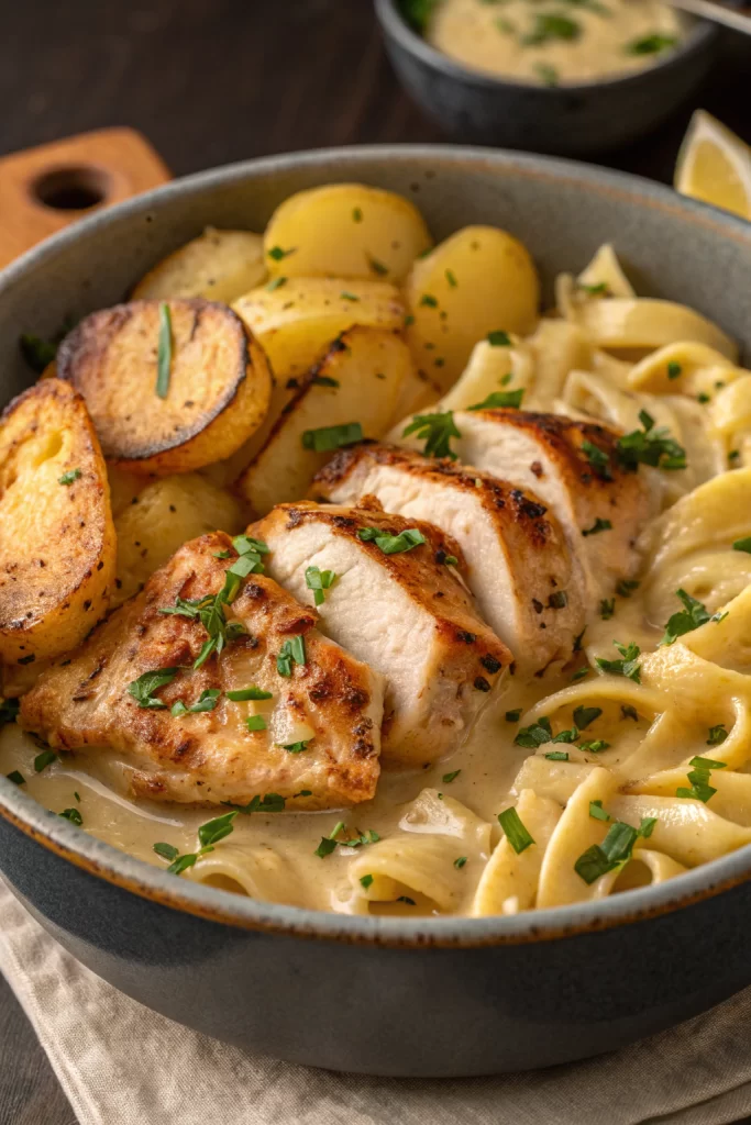 Loaded Herb Grilled Chicken with Creamy Pesto Pasta Roasted Potatoes