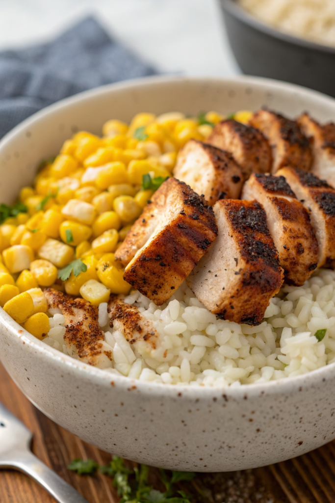 High Protein Street Corn Chicken Rice Bowl Recipe